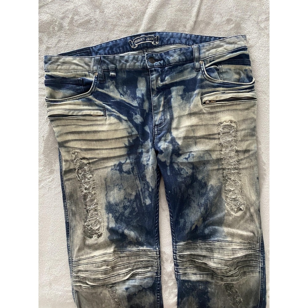Robins Jean Jeans Mens 40 Blue Tie Dye Distressed Moto Biker Zipper Pockets USA